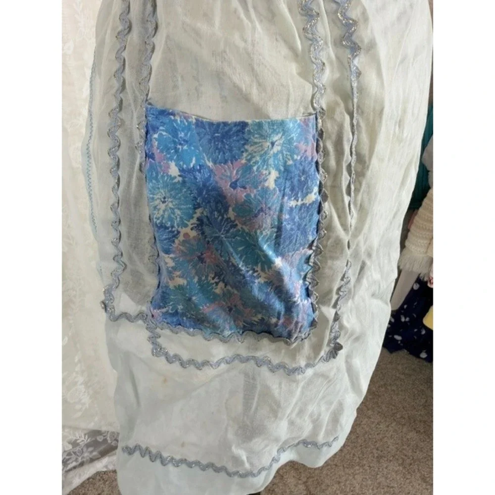 Vintage 40's Handmade Sheer Blue Half Apron Rick Rack Trim Floral Pocket Retro